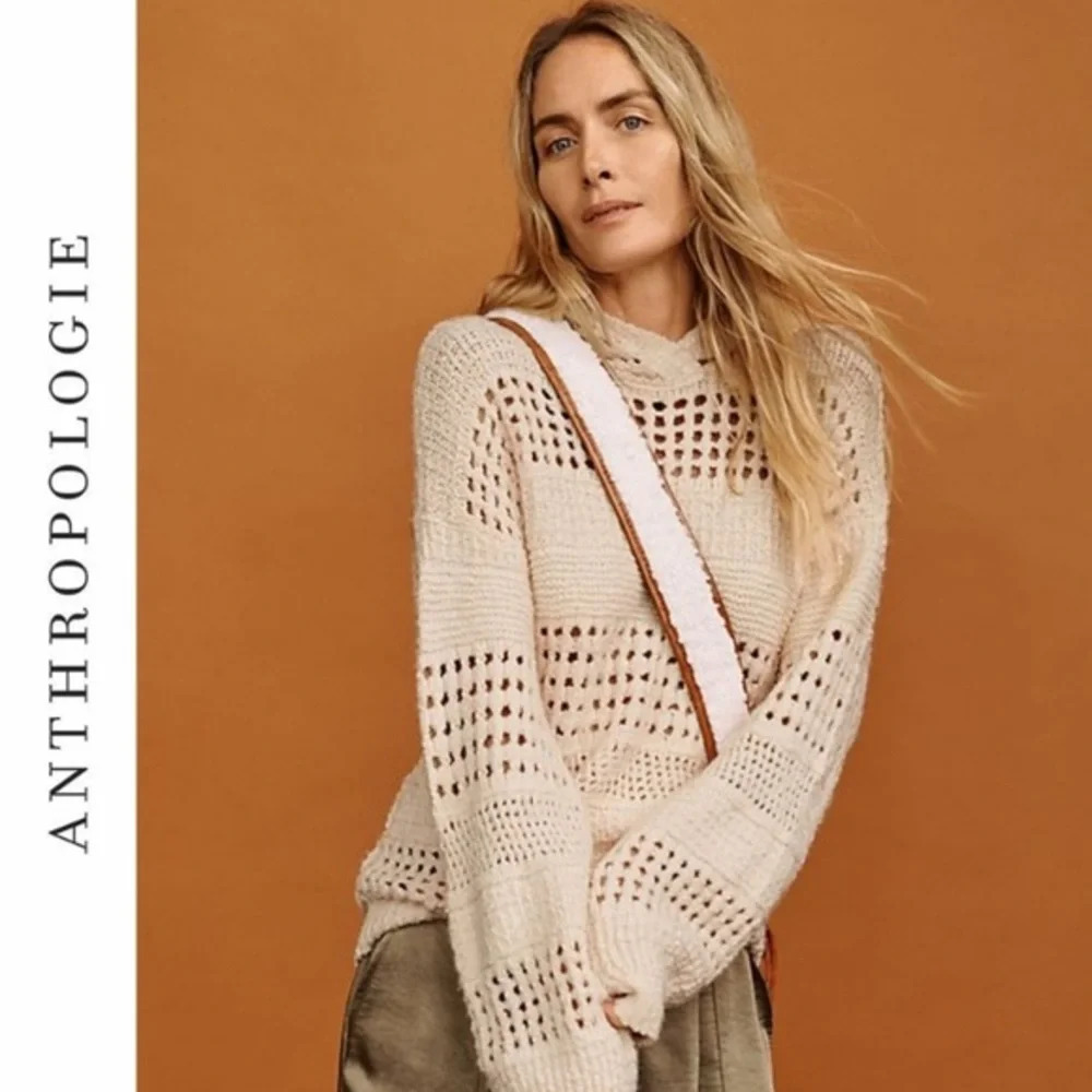 Anthropologie Wool Alpaca Oversized Pointelle Knit Hooded Sweater Balloon Sleeve
